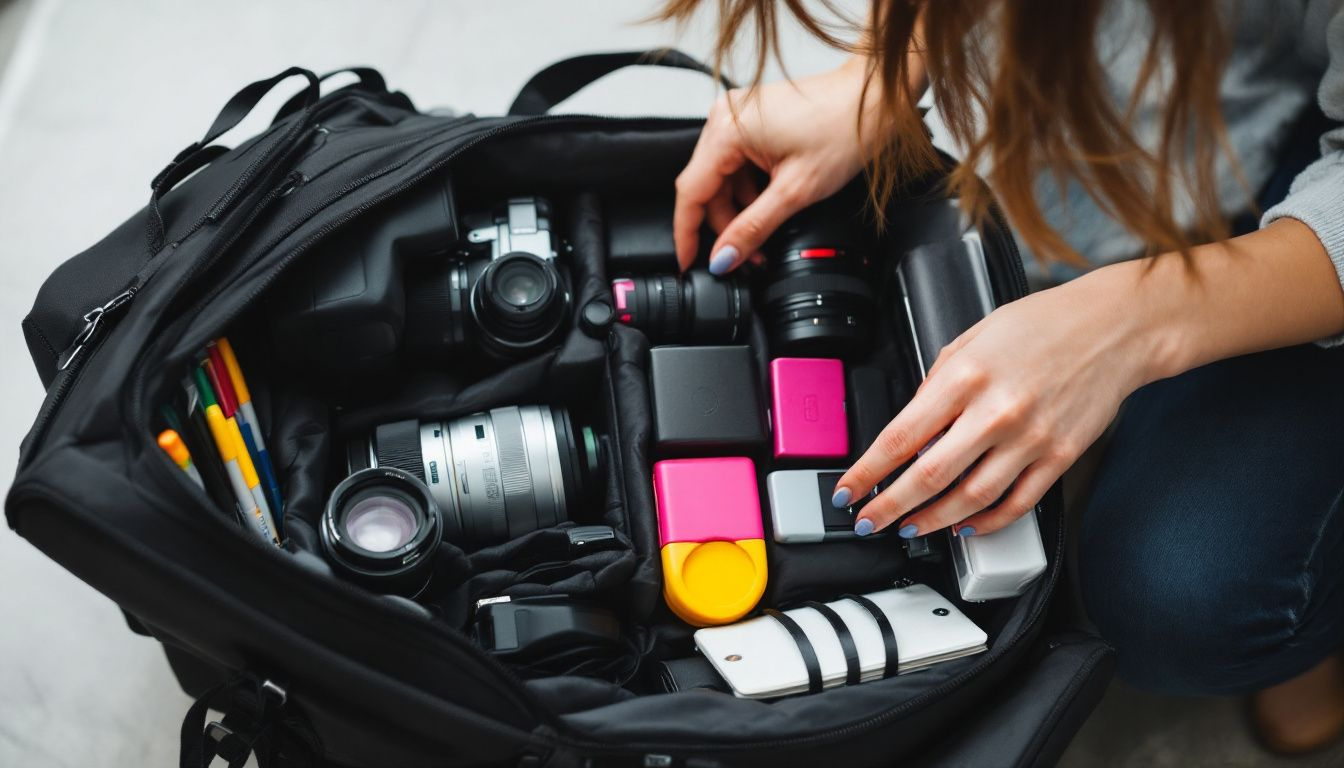 A person packing a camera bag with essentials for a photoshoot.