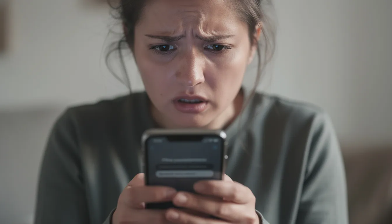 Na obrazku widać osobę z zaniepokojonym wyrazem twarzy, która patrzy na ekran swojego smartfona, prawdopodobnie z obawą przed internetowym przestępstwem, takim jak oszustwa na olx, gdzie fałszywe strony mogą prowadzić do wyłudzenia środków finansowych.