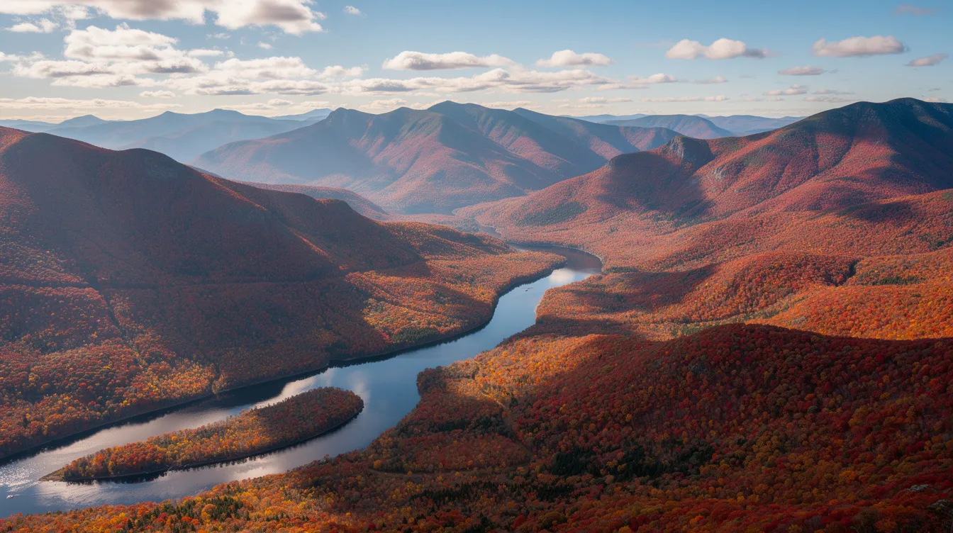 An aerial view captures New Hampshire's stunning White Mountains, adorned with vibrant autumn foliage and a winding river below, showcasing the natural beauty perfect for promotional video content. This scene exemplifies high-quality visuals that a top video production company might use to create impactful videos that resonate with their target audience.