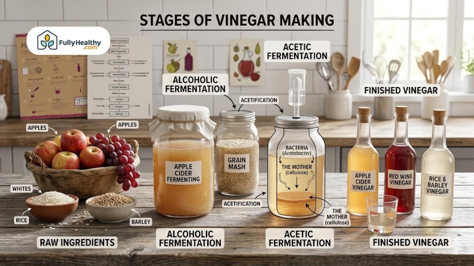Diagram showing stages of vinegar making from fermentation to finished products