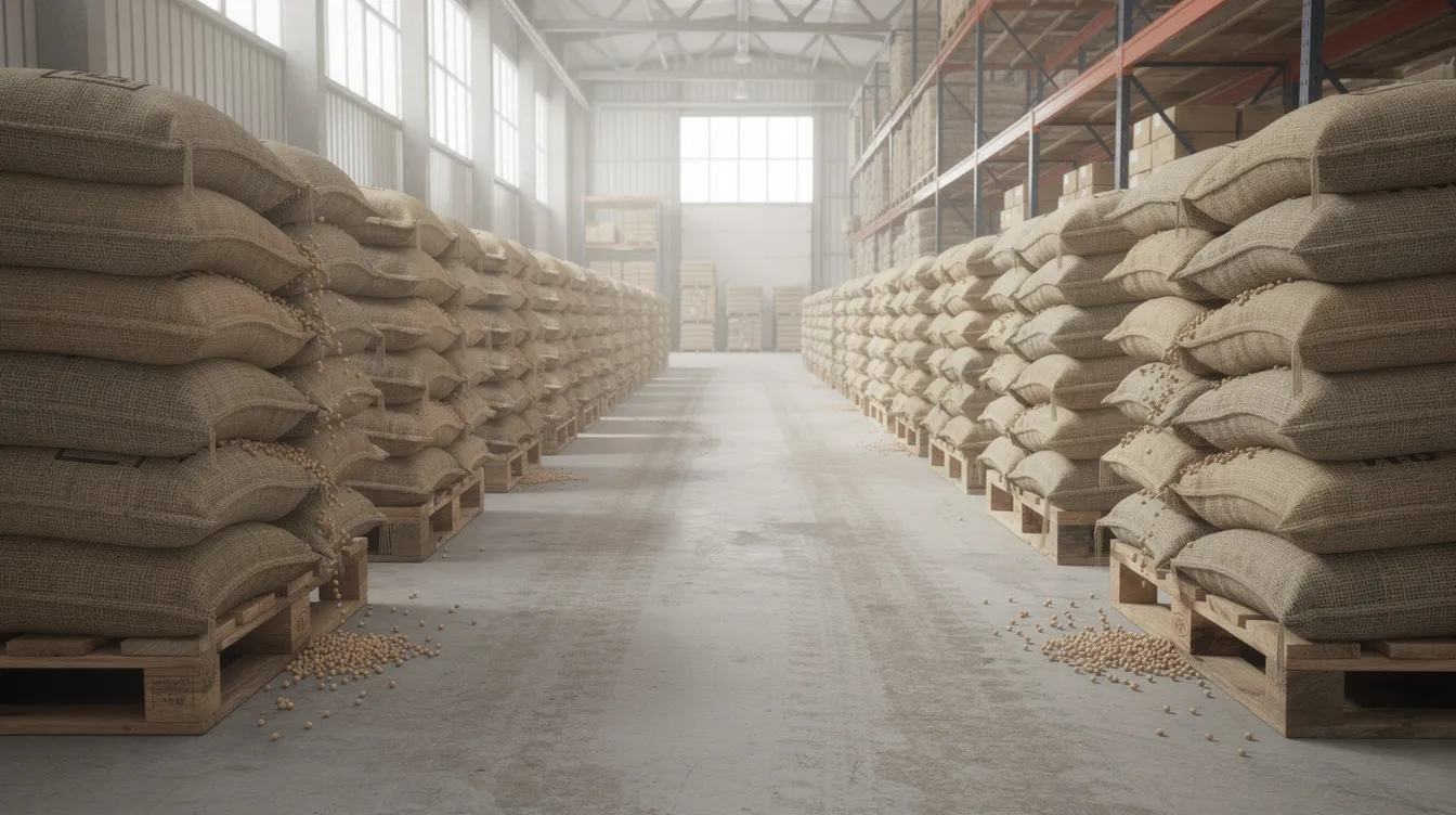 The image shows rows of large jute bags filled with soybeans, neatly stacked in a spacious warehouse. This setup is indicative of a soybean processing plant, highlighting the main raw material crucial for soybean oil production and its various industrial applications.