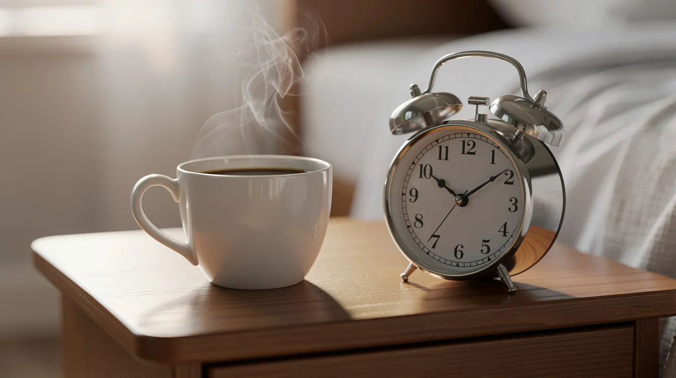 An image of a steaming coffee cup placed next to an alarm clock on a bedside table, symbolizing the struggle with sleep disorders and the importance of adequate sleep for feeling well rested in daily life. The scene captures the essence of waking up tired after 8 hours, highlighting the challenges of poor sleep quality and the effects of caffeine on sleep patterns.