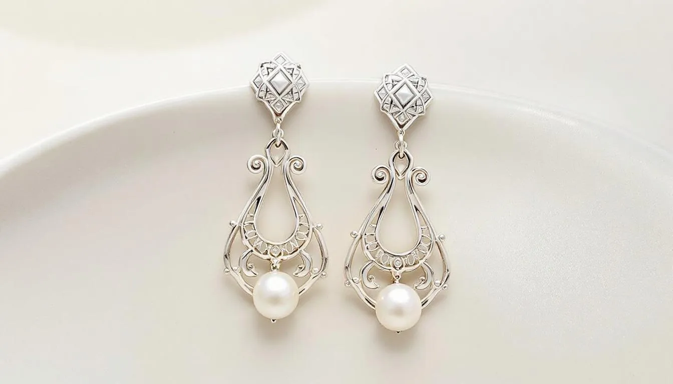 Elegant pearl drop earrings with a sophisticated design.