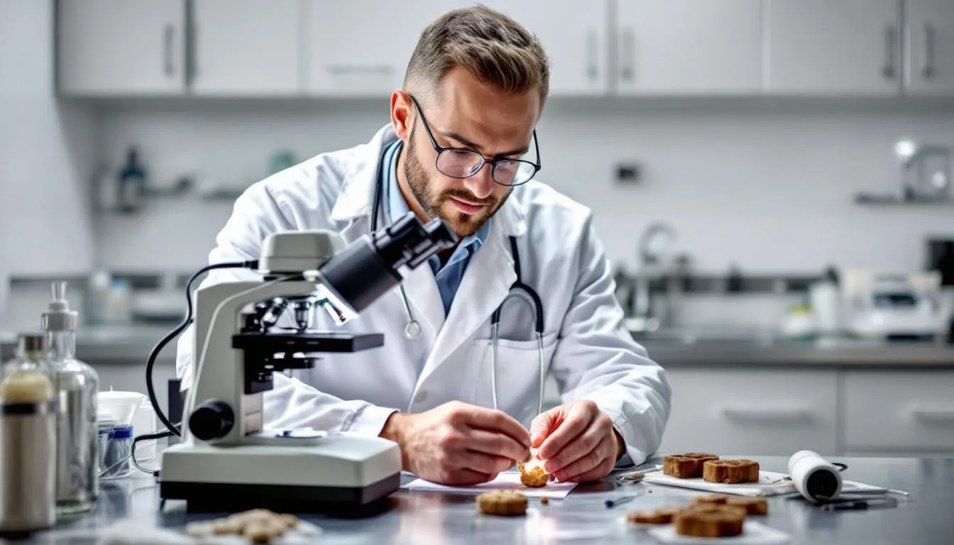 A veterinarian is examining a fresh stool sample under a microscope to diagnose potential hookworm infections, focusing on identifying microscopic eggs and hookworm larvae that could indicate a parasitic infestation in dogs. The examination is crucial for detecting common intestinal parasites that may affect both adult dogs and very young puppies.