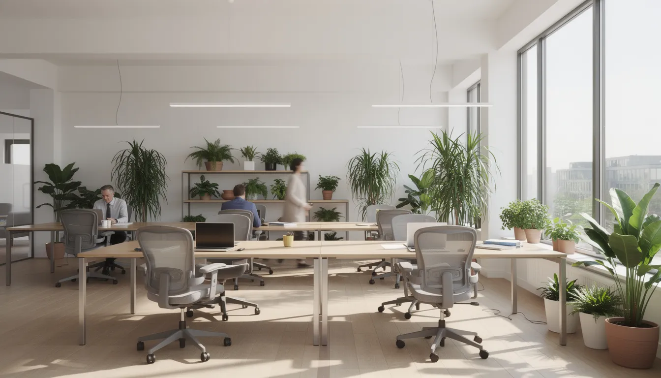 The image depicts a modern open office space filled with greenery and abundant natural light, creating an inviting atmosphere that promotes employee wellness and a healthy work-life balance. This environment reflects a company culture that values flexibility and supports initiatives like an unlimited PTO policy, enhancing productivity and employee retention.