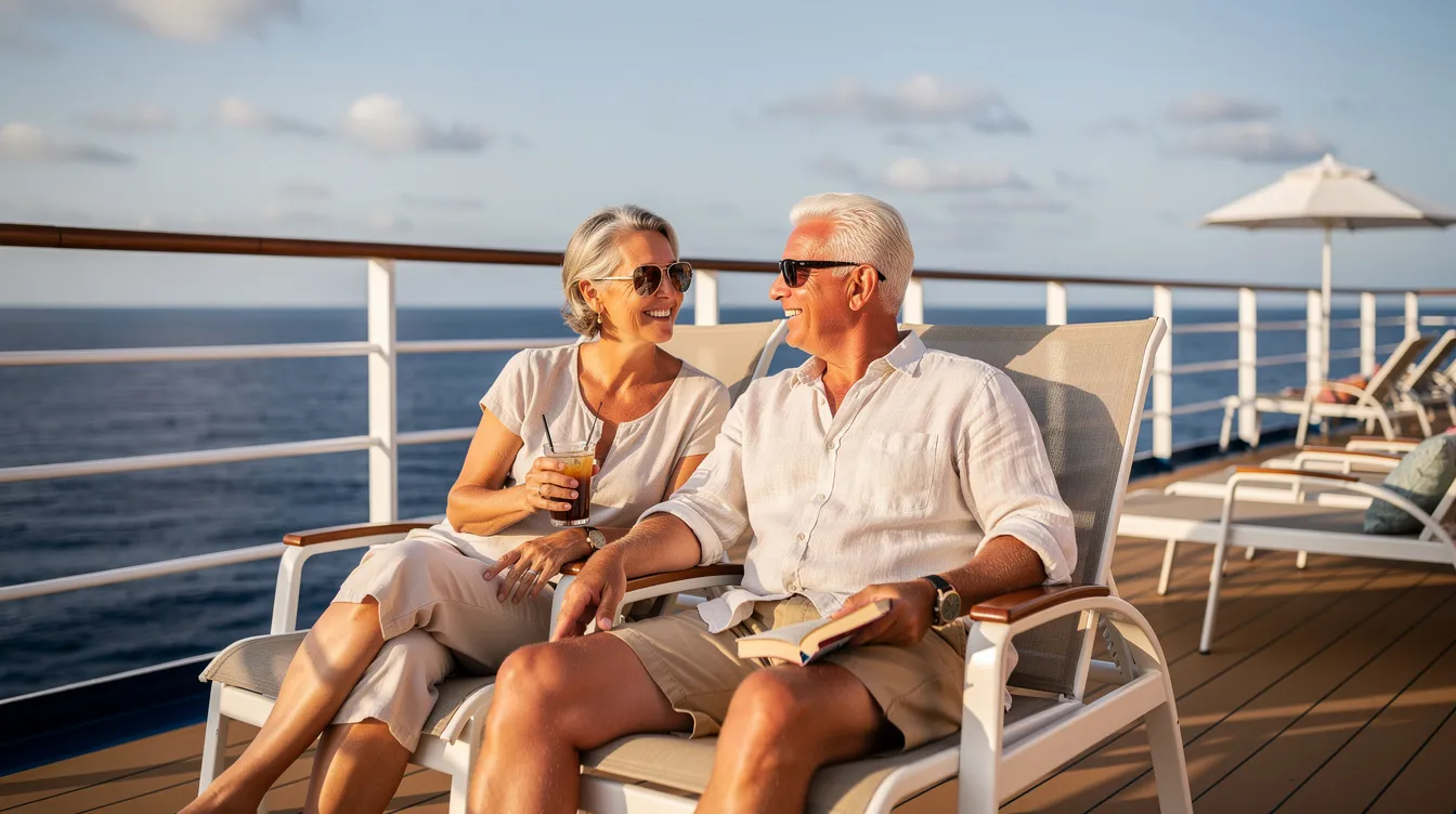 A retired couple enjoys a peaceful moment on the deck of a cruise ship, with the vast ocean stretching out behind them. They are surrounded by the relaxing atmosphere of their vacation, highlighting the importance of comprehensive travel insurance, like those offered by John Hancock, to protect against unexpected events during their trip.