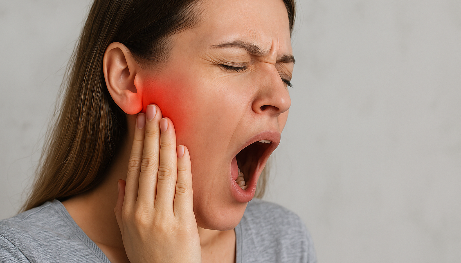 Smerter i kjeveleddet – Derfor gjør det vondt å gape 13 Ung kvinne opplever smerte i kjeveleddet mens hun gjesper, med rødhet og ubehag på høyre side av ansiktet.
