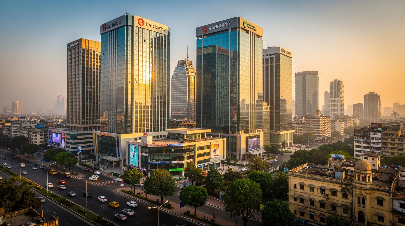 The image showcases a vibrant Indian city skyline featuring modern banking district buildings, symbolizing the financial hub of India. Prominent structures represent institutions like the Central Bank of India, highlighting the importance of banking services such as deposit accounts and outward remittances.