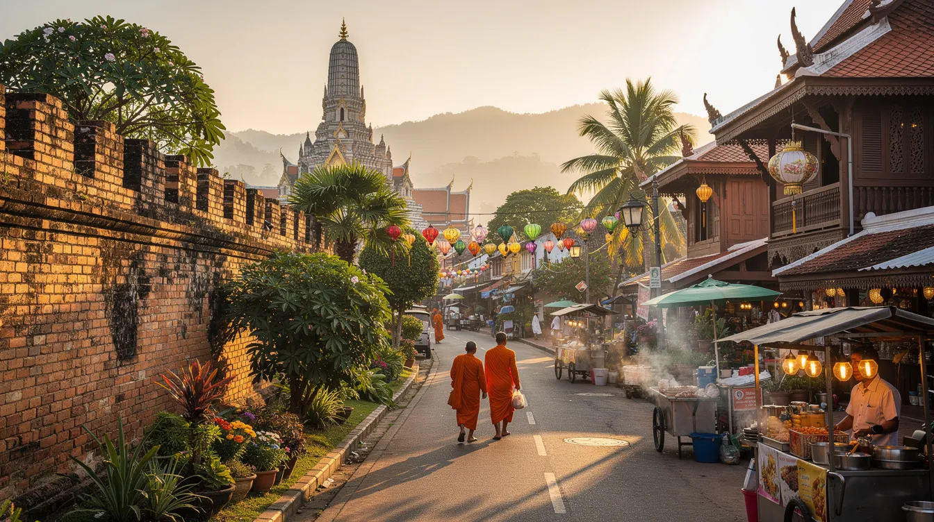 A imagem retrata a vibrante cidade de Chiang Mai, na Tailândia, com seus templos tradicionais e montanhas ao fundo. É um destino popular para turistas que buscam explorar a cultura local, aproveitar a comida de rua e visitar mercados flutuantes.