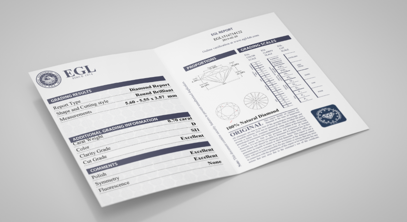 EGL sertifikatas – deimanto kokybės dokumentas, patvirtinantis jo autentiškumą. EGL (European Gemological Laboratory) laboratorijos vertina deimantus pagal tarptautinius standartus, tačiau jų vertinimai dažnai būna šiek tiek liberalesni nei GIA ar HRD