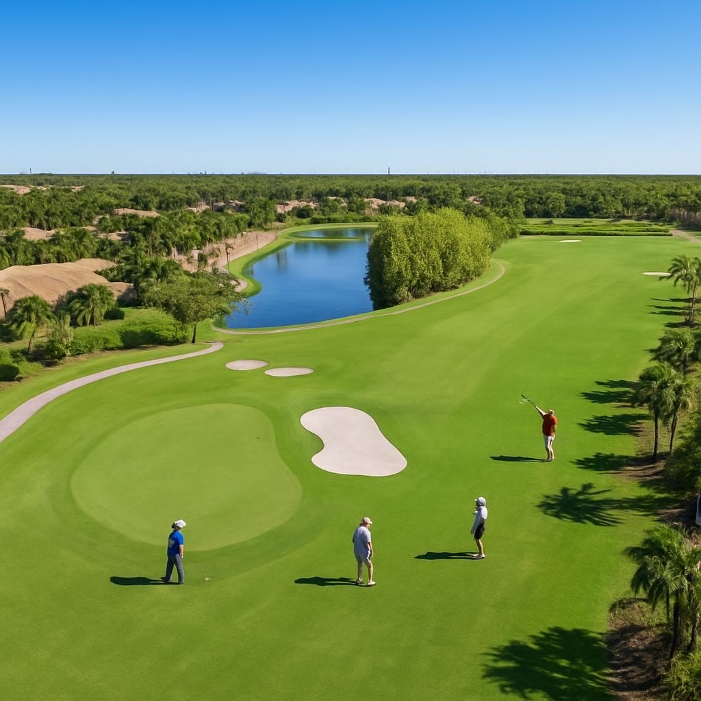 The image features a Mediterranean-style clubhouse with a red tile roof, surrounded by lush palm trees and meticulously manicured landscaping, embodying the luxurious lifestyle of the gated community at Renaissance in Fort Myers. This clubhouse serves as a social hub for residents, offering amenities such as golf courses, a fitness center, and a resort-style pool.