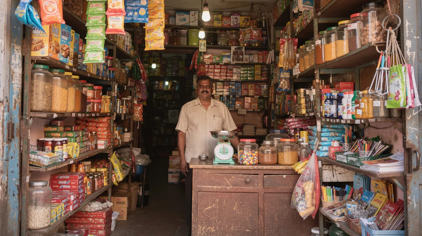 The image depicts an Indian shopkeeper standing inside a small retail store, surrounded by shelves filled with various goods. This setting reflects the entrepreneurial spirit supported by initiatives like the Pradhan Mantri Mudra Yojana, which provides funding and loans to micro enterprises and beneficiaries in India.