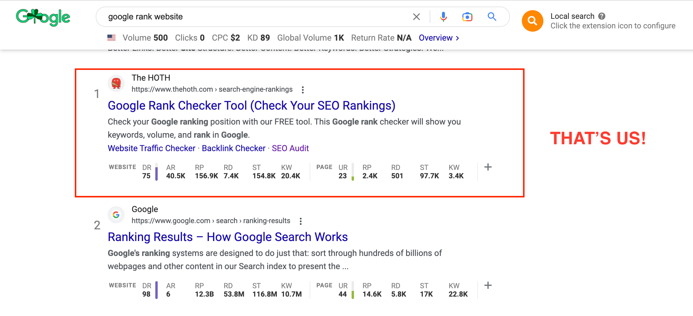 hoth ranking above Google on the SERPs