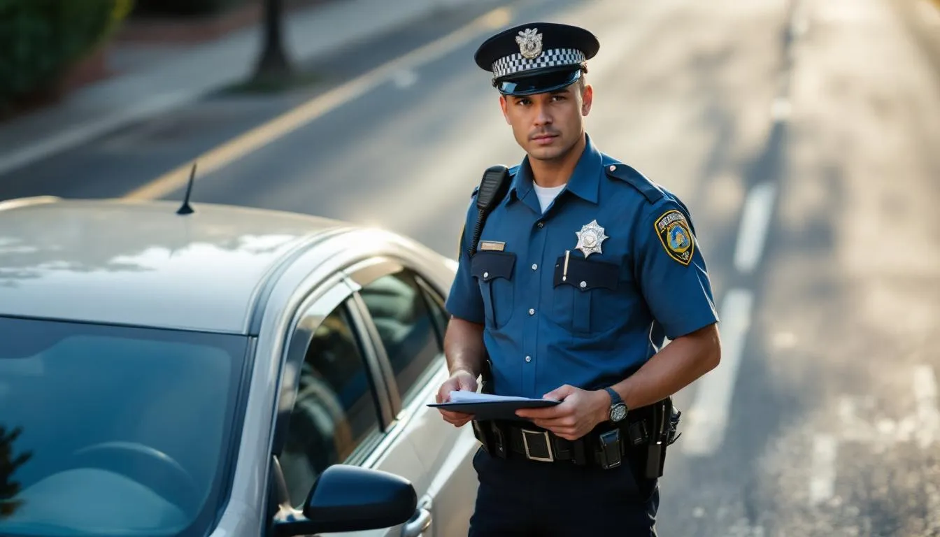 A police officer stands at a DUI checkpoint, stopping vehicles to identify impaired drivers and deter drunk driving. Signs indicating the sobriety checkpoint are visible, while law enforcement officers conduct traffic stops to ensure public safety.