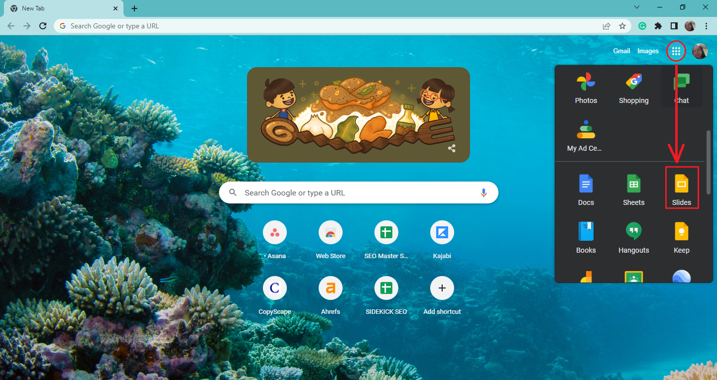 In Google Chrome, select Google apps button and click Google Slides.