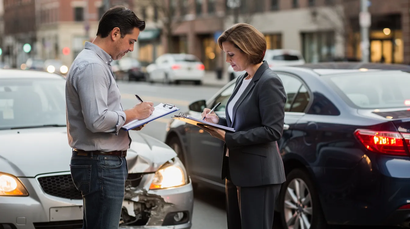 Deux conducteurs sont en train de remplir des documents après un léger accrochage de voitures, avec des feux de détresse allumés. Ils discutent des conséquences de l'accident et des démarches à suivre pour leur assurance responsabilité civile.