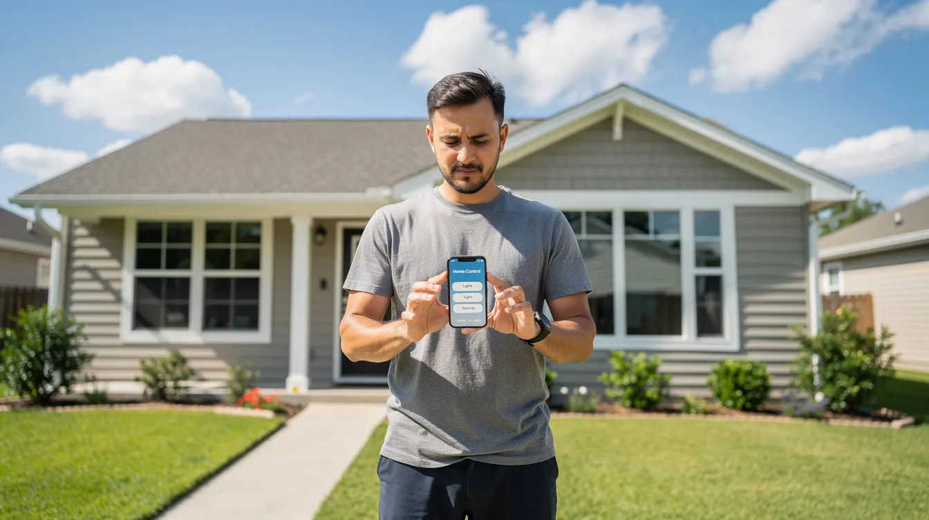 A homeowner stands in front of their house on a sunny day, using a smartphone to possibly check local service ads or search for home service contractors. This scene highlights the importance of local SEO services in connecting homeowners with local businesses for their home improvement needs.