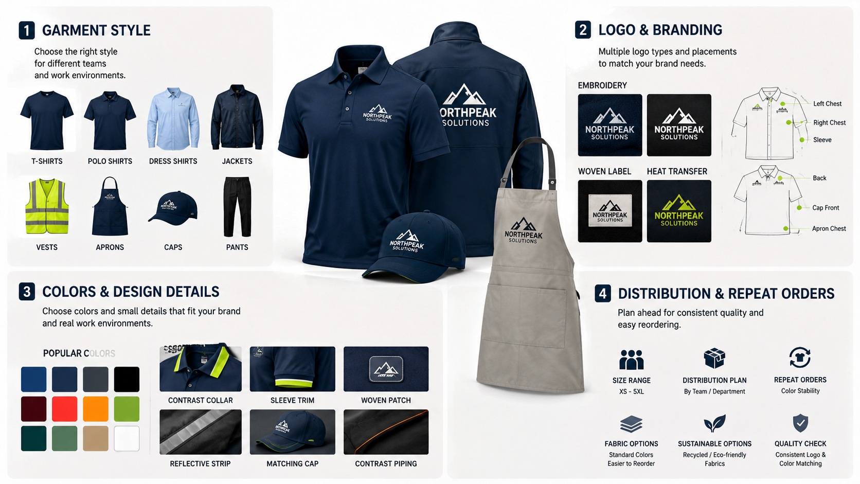 Custom uniform planning guide covering garment styles, logo branding, colors, design details, size distribution, and repeat orders