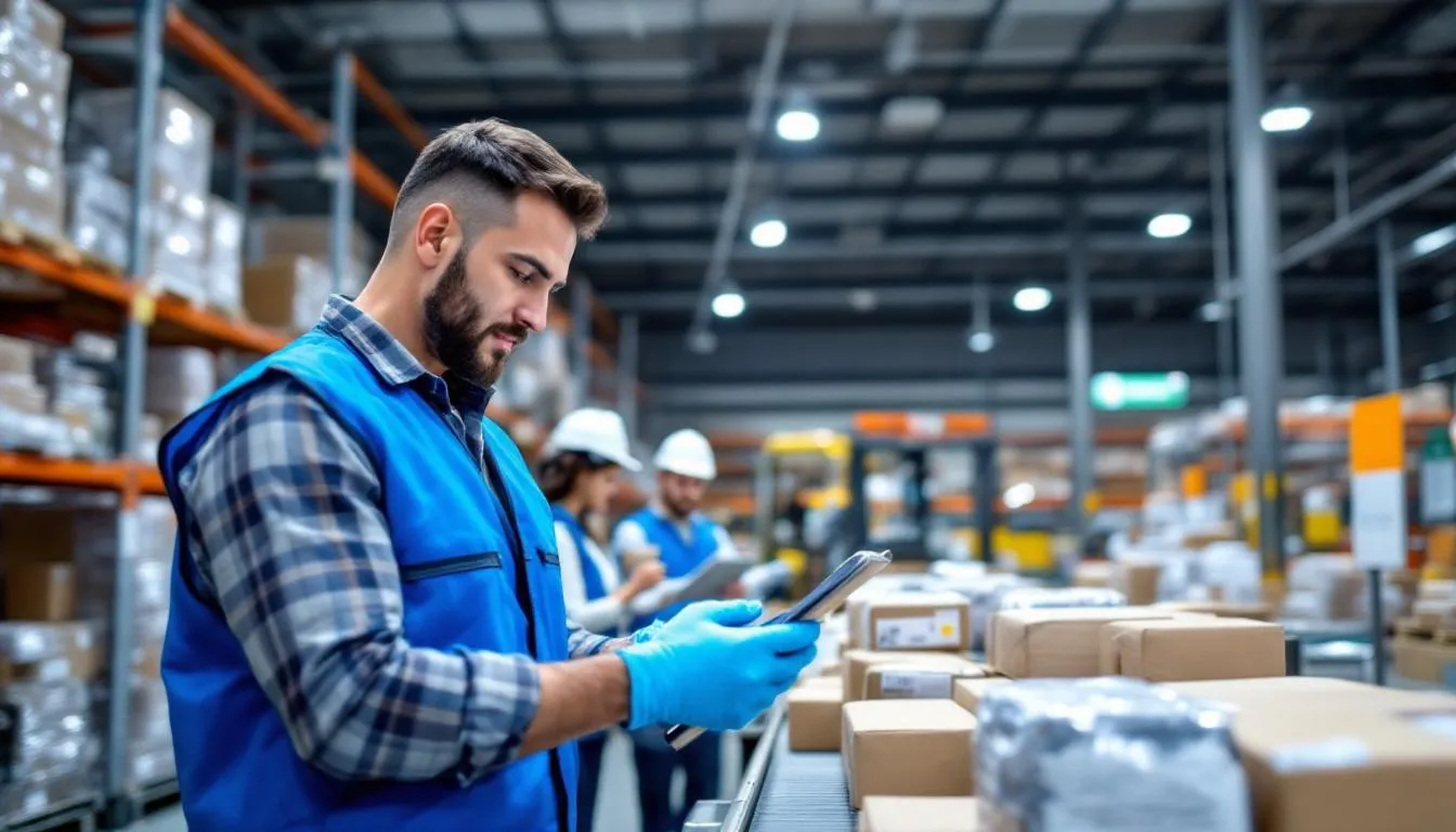 A quality control inspector is carefully examining various products in a modern warehouse, ensuring they meet high standards for an online store. This process is crucial for dropshipping businesses to maintain quality and reliability from their dropshipping suppliers.