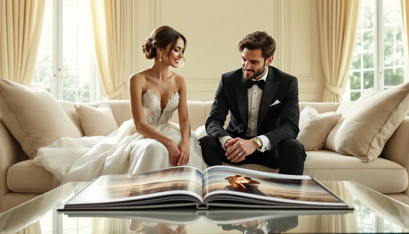 A bride and groom reviewing portfolios to choose the right wedding photographer.