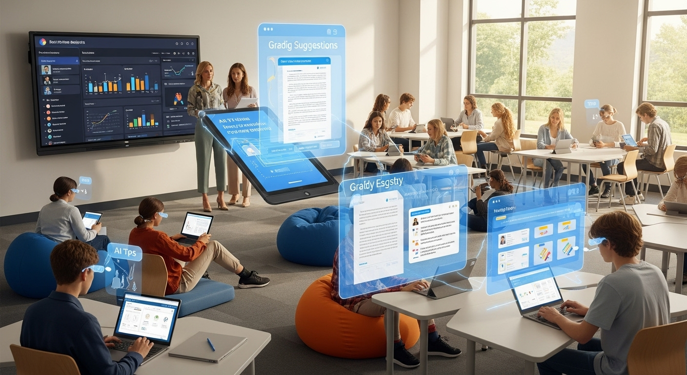Modern classroom scene with AI assisting in grading, analytics, and personalized learning support