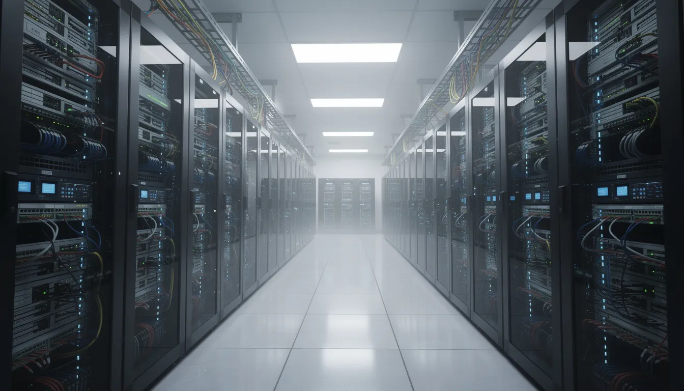 The image depicts a professional data center filled with rows of servers and complex network infrastructure, emphasizing the importance of secure data management for services such as credit monitoring and protecting against identity theft. The organized setup highlights the critical role of data centers in maintaining the integrity of financial information and supporting credit bureaus.