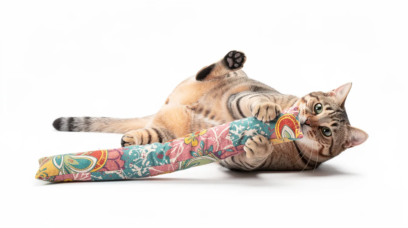 A playful cat is interacting with a durable kicker toy, showcasing its natural instincts to pounce and kick with its front paws. The toy, filled with catnip, captures the cat's attention and provides mental stimulation, making it a favorite among many cats and their owners.