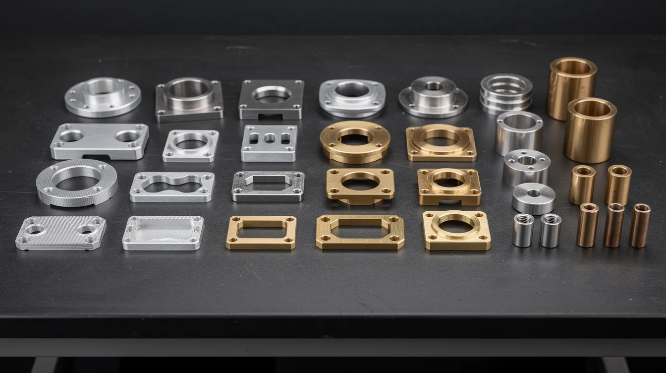 The image shows an array of finished CNC machined parts made from aluminum, stainless steel, and brass, neatly arranged on a dark worktable, showcasing the precision machining and high-quality standards typical of CNC machining services. Each part reflects the intricate details achieved through the CNC machining process, emphasizing tight tolerances and excellent surface finishes.