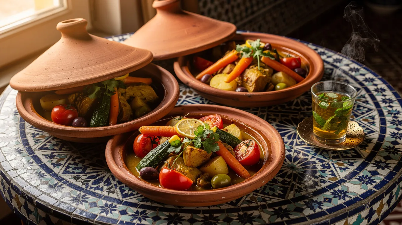 The image showcases a traditional Moroccan tagine filled with colorful vegetables, accompanied by a glass of refreshing mint tea, all beautifully arranged on a mosaic table. This vibrant scene reflects the rich local culture and culinary delights that visitors can explore while considering their Morocco travel budget.