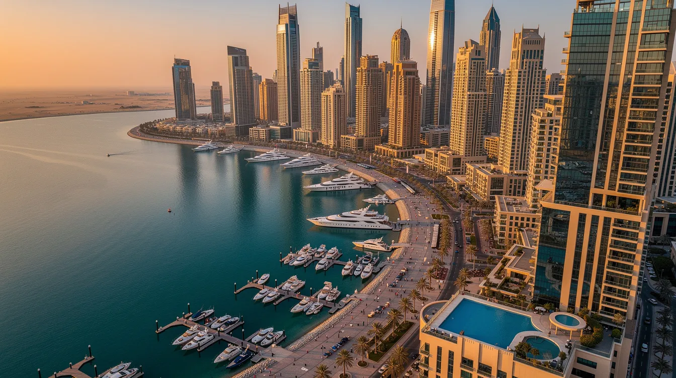 An aerial view of Dubai Marina showcases the stunning waterfront lined with luxury residential towers, highlighting the vibrant real estate market in the area. This picturesque scene reflects the legal considerations and property transactions involved in Dubai's real estate sector, where foreign investors can explore various ownership options.