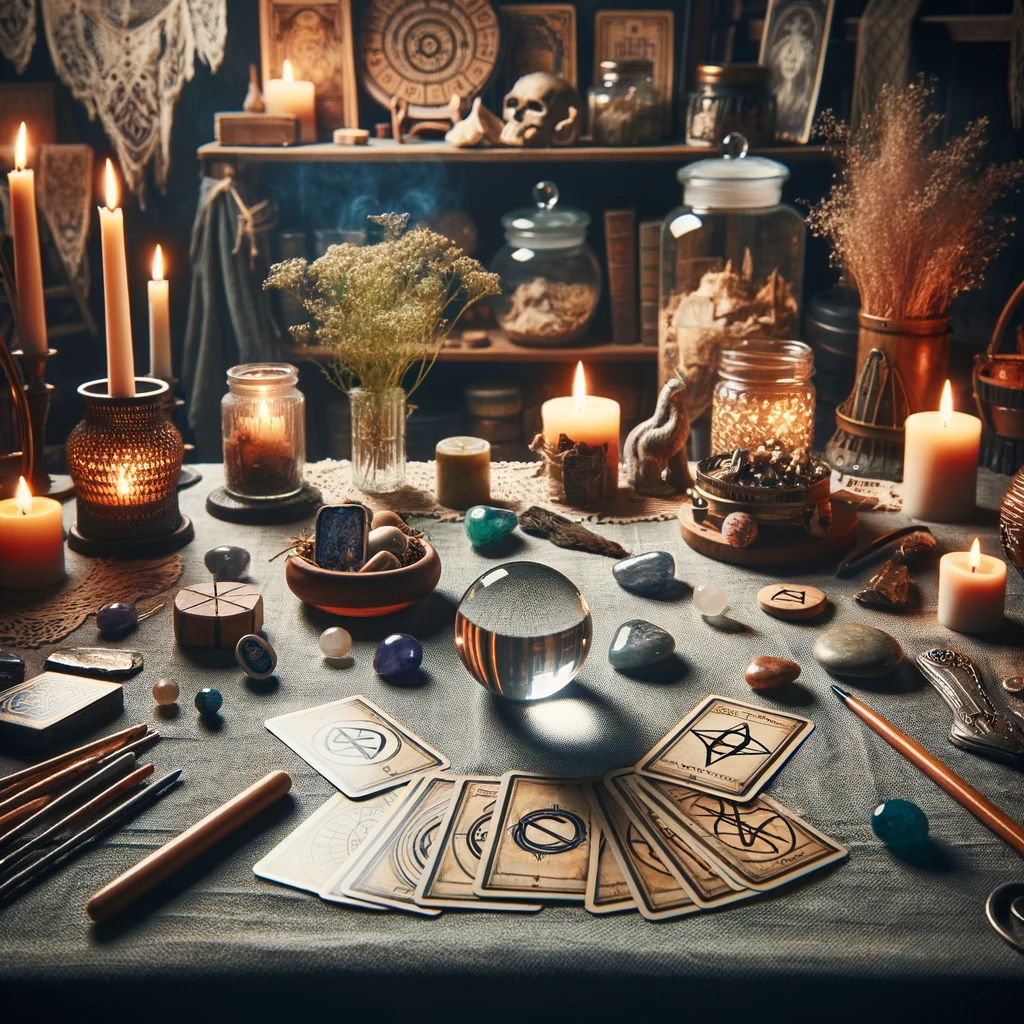 mystical table set with divination tools like tarot cards, rune stones, and a crystal ball