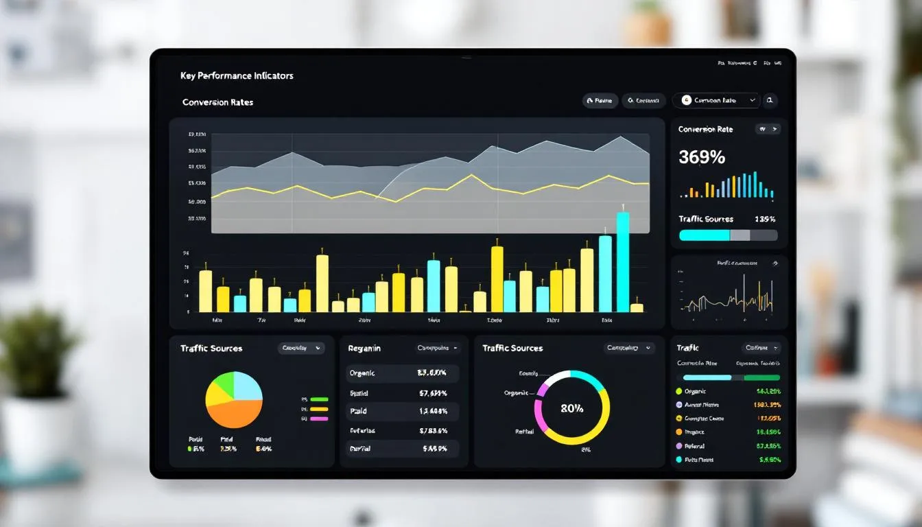 The image depicts a marketing dashboard filled with various graphs and charts showcasing conversion metrics and ROI data, highlighting key performance indicators that align with business goals and marketing strategies. This visual representation is essential for marketing teams to track progress on their marketing efforts and optimize their campaigns for increased revenue and customer engagement.
