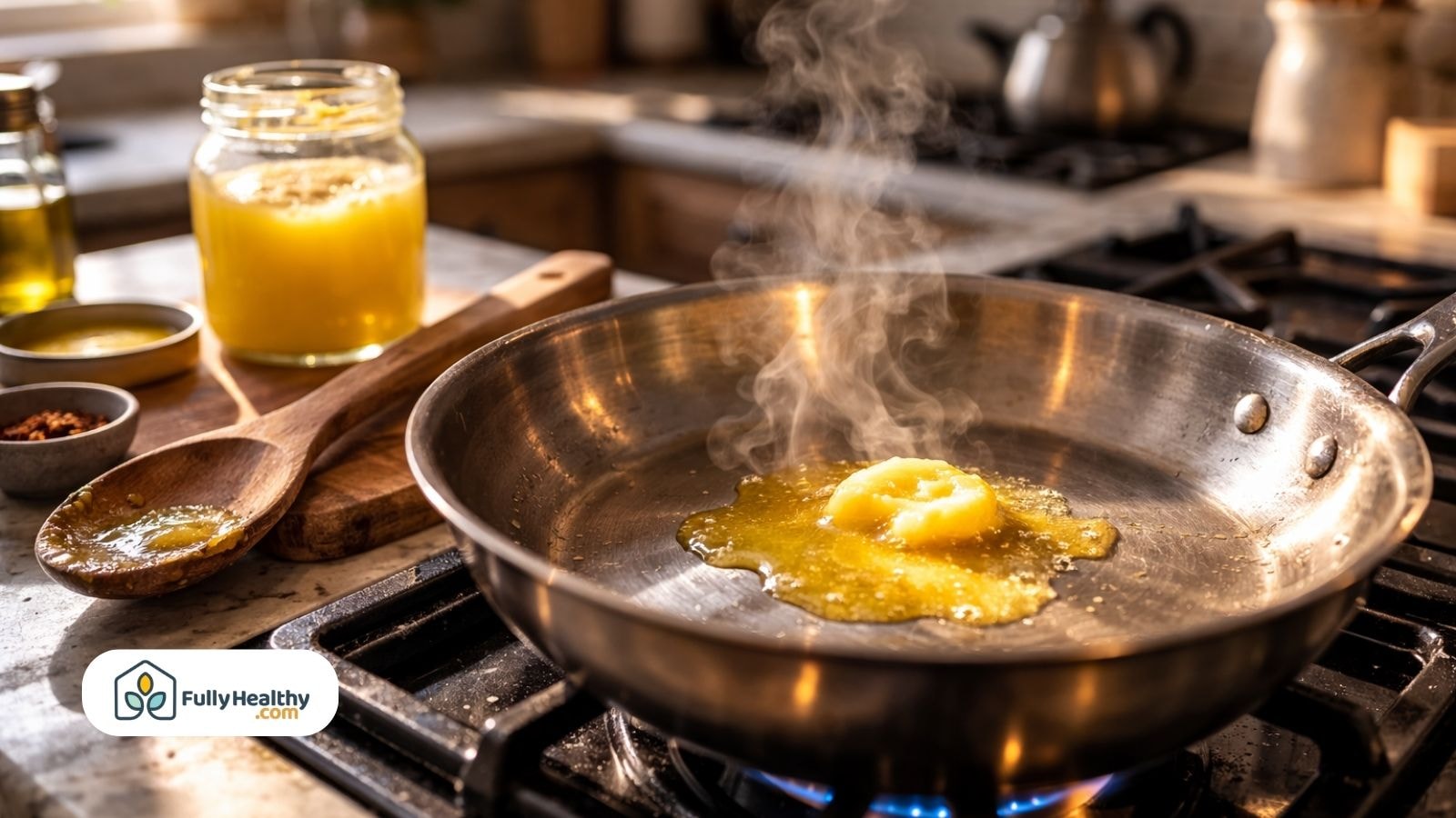 Ghee melting in stainless steel pan over gas stove