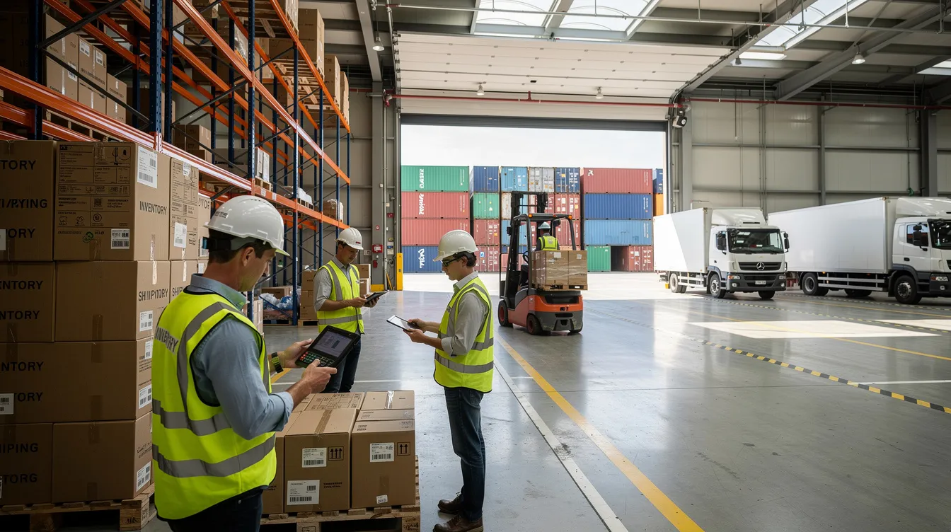 The image depicts warehouse workers engaged in logistics operations, surrounded by large shipping containers and delivery trucks, illustrating the vital role of efficient supply chain management in business. This scene highlights the importance of legal compliance and contract law in navigating complex business transactions and ensuring smooth operations for companies involved in logistics.