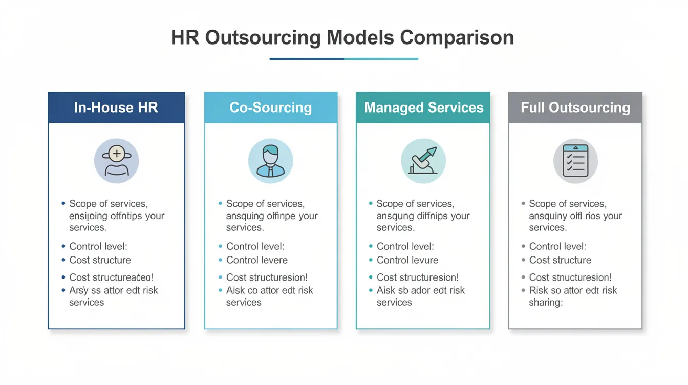 The image depicts a comparison diagram illustrating four different HR outsourcing models side by side, highlighting various aspects such as cost savings, employee benefits, and the roles of HR professionals. This visual representation emphasizes the benefits of outsourcing HR functions, showcasing how businesses can delegate HR responsibilities to specialized providers while focusing on core business activities.