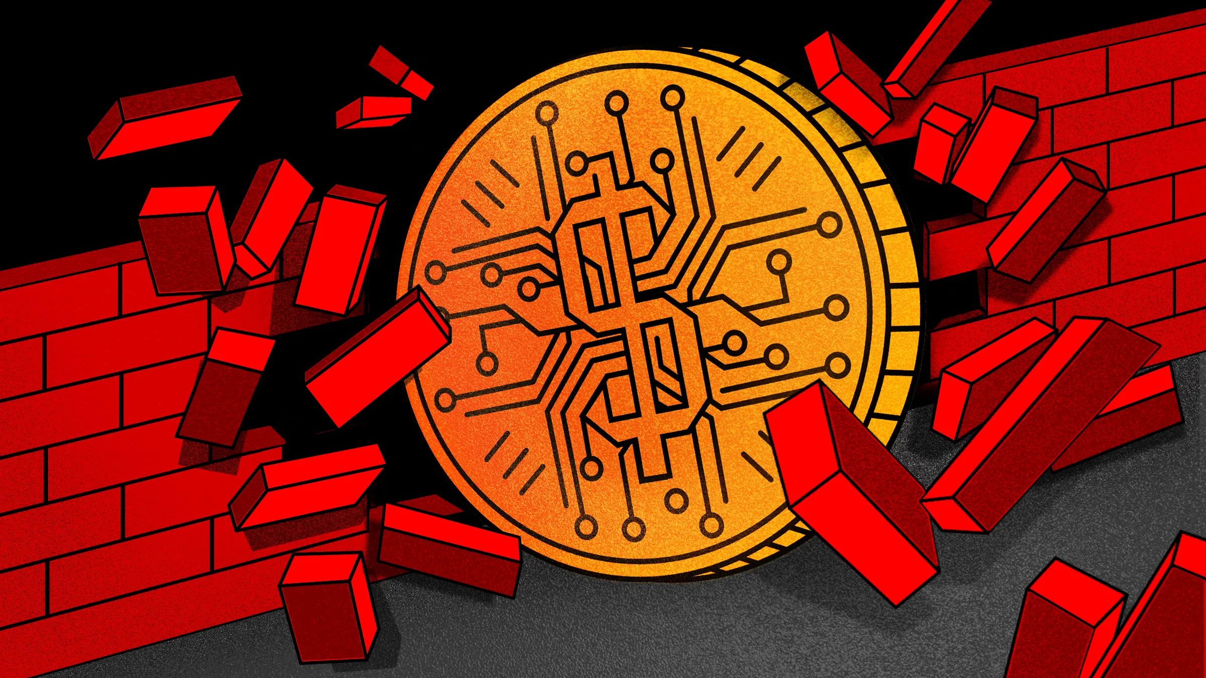 A graphic illustrating a stablecoin breaking through a brick wall. 
