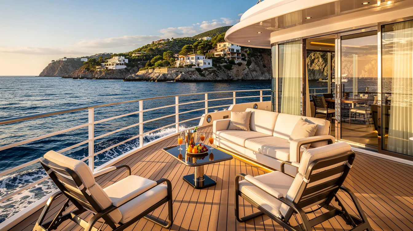 A luxurious yacht deck overlooks the stunning Mediterranean coastline, providing a perfect backdrop for enjoying the thrill of the Monaco Grand Prix. The scene captures the essence of elegance and excitement, ideal for race day enthusiasts.