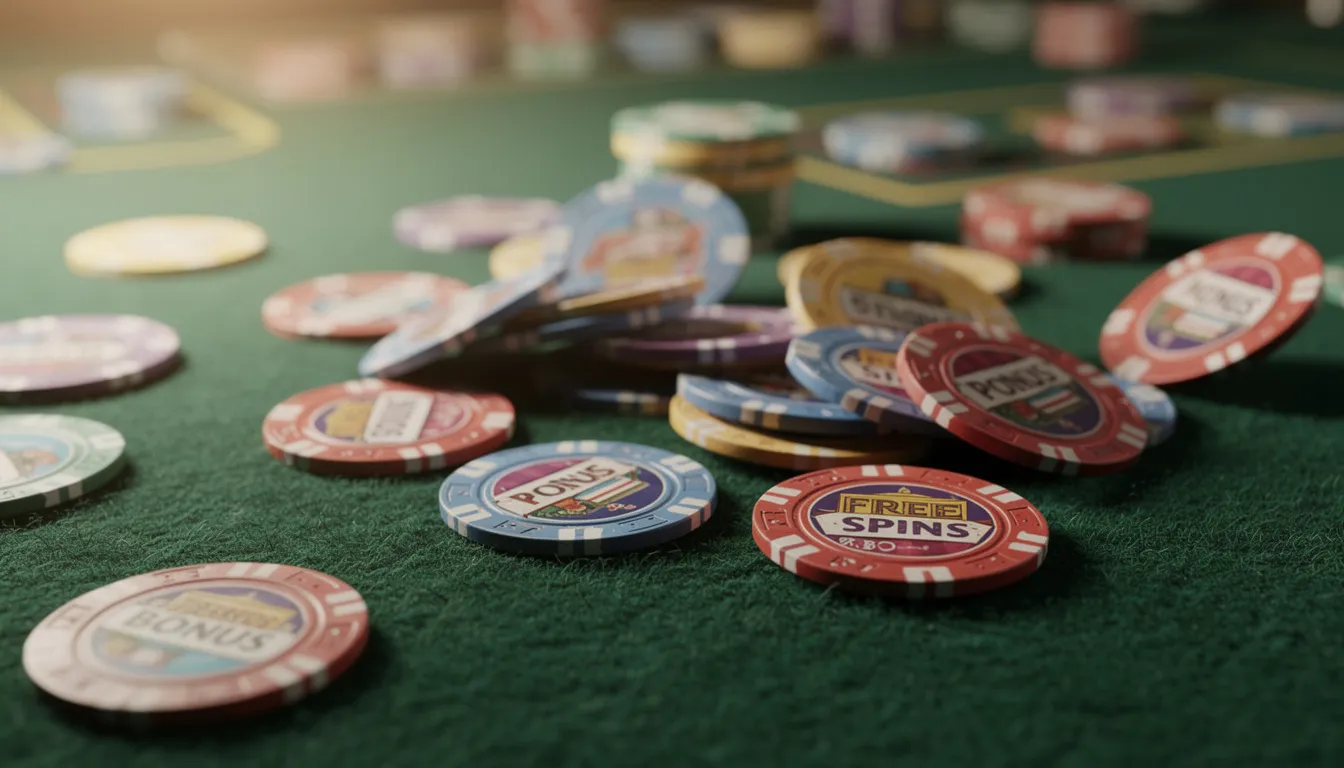The image features an assortment of colorful casino bonus chips and promotional tokens scattered across a vibrant green felt surface, evoking the lively atmosphere of online casinos. These tokens symbolize the exciting opportunities for free spins and generous bonuses available at many non Gamstop casinos.