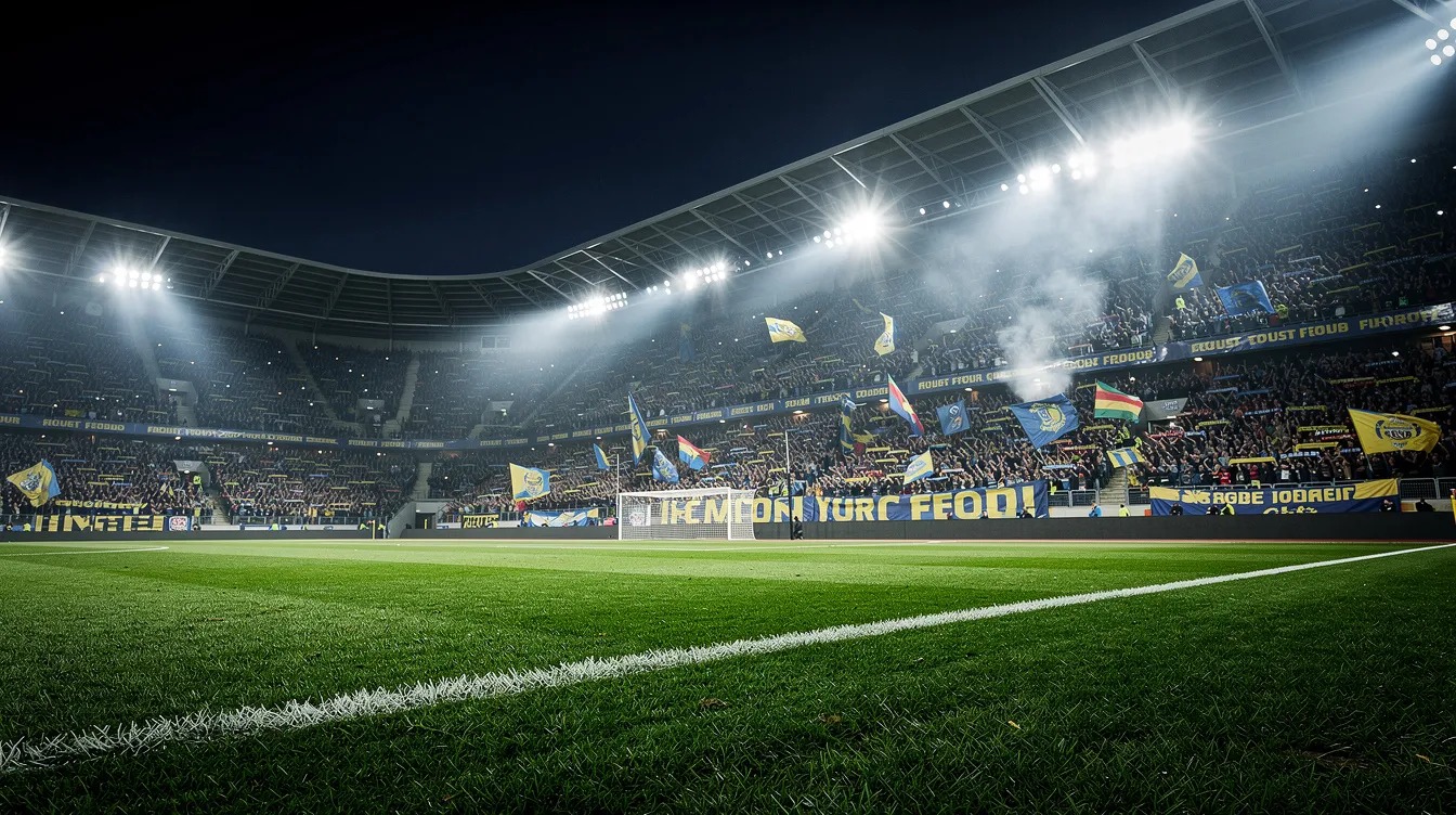 Das Bild zeigt eine Nachtstimmung in einem voll besetzten Fußballstadion, wo die deutsche Nationalmannschaft gegen Nordirland spielt. Der grüne Rasen leuchtet unter den Flutlichtern, während die begeisterten Zuschauer die WM-Qualifikation verfolgen, in der Deutschland einen 4:0-Sieg anstrebt.