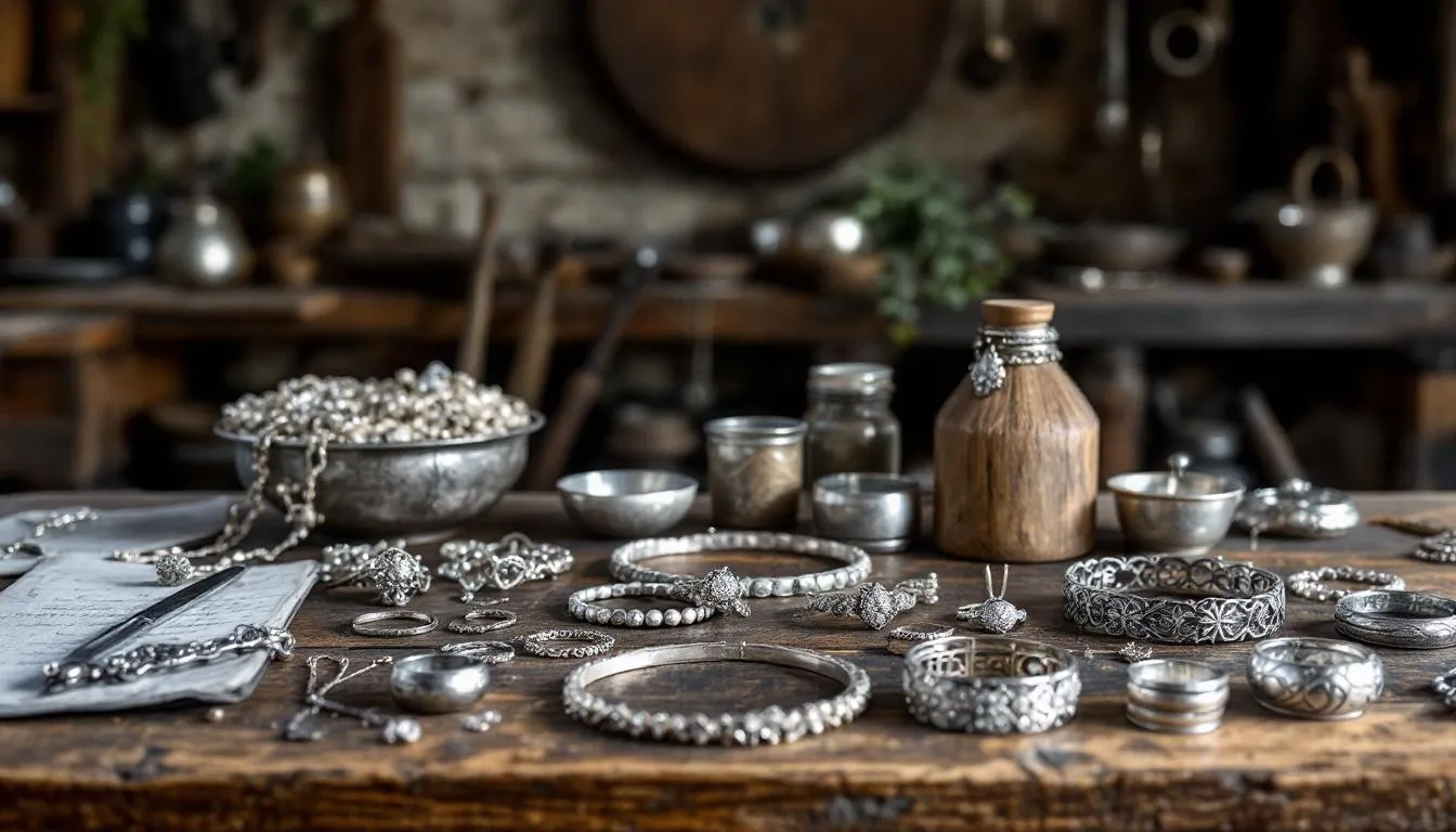 An assortment of silversmithing jewellery displayed on a wooden table.