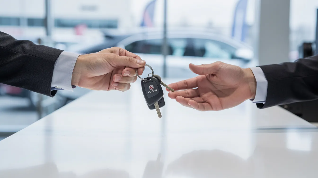 In de afbeelding zien we een close-up van twee mensen die aut sleutels aan elkaar overhandigen bij een autoverhuurbureau. Dit moment symboliseert de snelle afhandeling en goede service die je kunt verwachten bij het huren van een auto.
