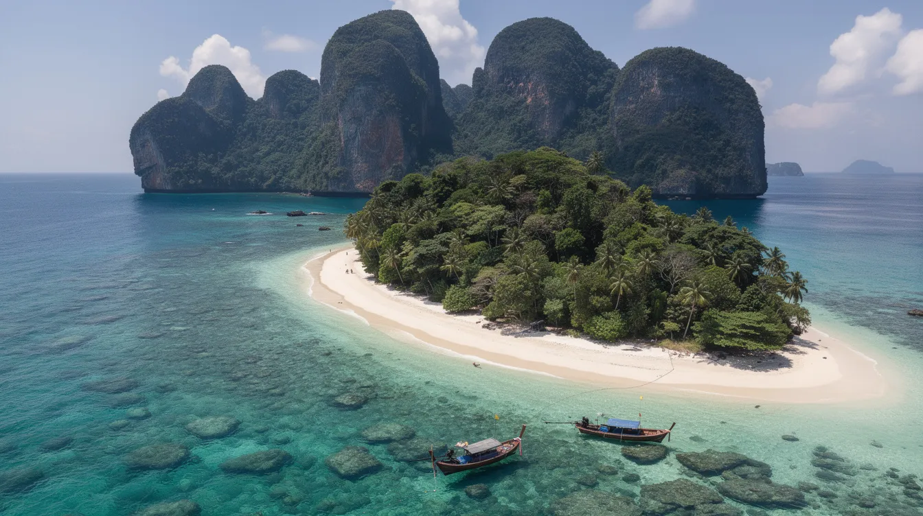 A imagem mostra uma ilha tropical próxima a Krabi, na Tailândia, com águas cristalinas e praias de areia branca. Ao fundo, é possível ver formações rochosas impressionantes e vegetação exuberante, típicas da região, como Railay Beach e as ilhas Phi Phi.