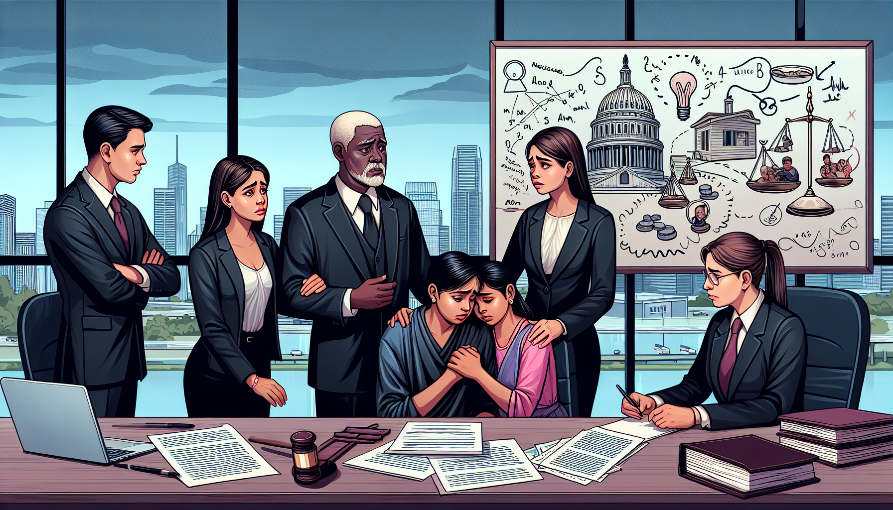 Illustration of a legal team providing guidance and support to a family for wrongful death claim