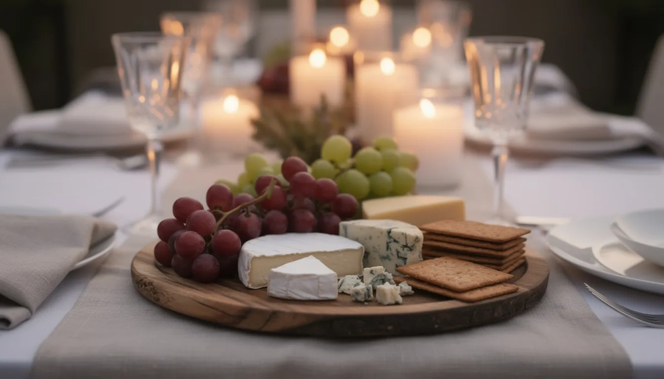 The image depicts an elegant table setting featuring soft candlelight in the background, with a beautifully arranged kosher charcuterie board at the center. The board is adorned with fresh grapes, assorted dairy cheeses, and crispy crackers, creating a delightful mix of flavors perfect for sharing with guests.