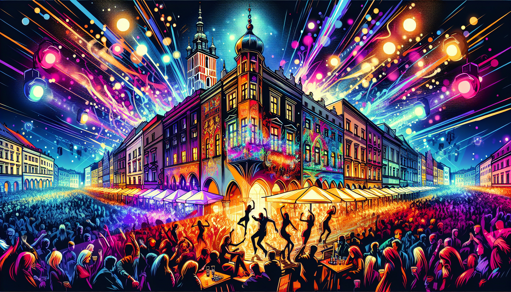 Eine künstlerische Darstellung der besten Nachtclubs in Krakau's Altstadt.