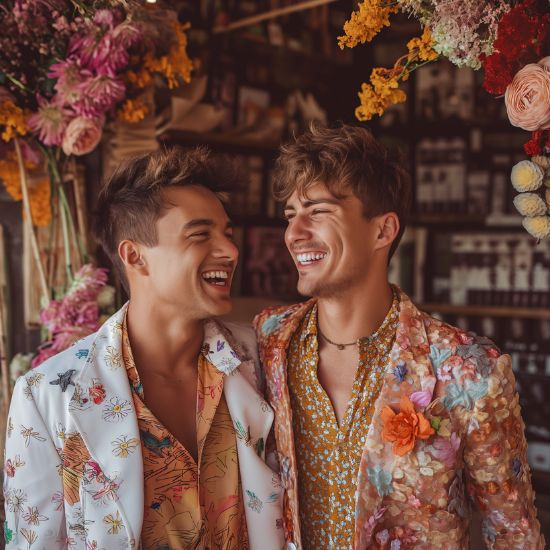 We deliver flowers to gay couple, surrounded by flowers and smiling happily