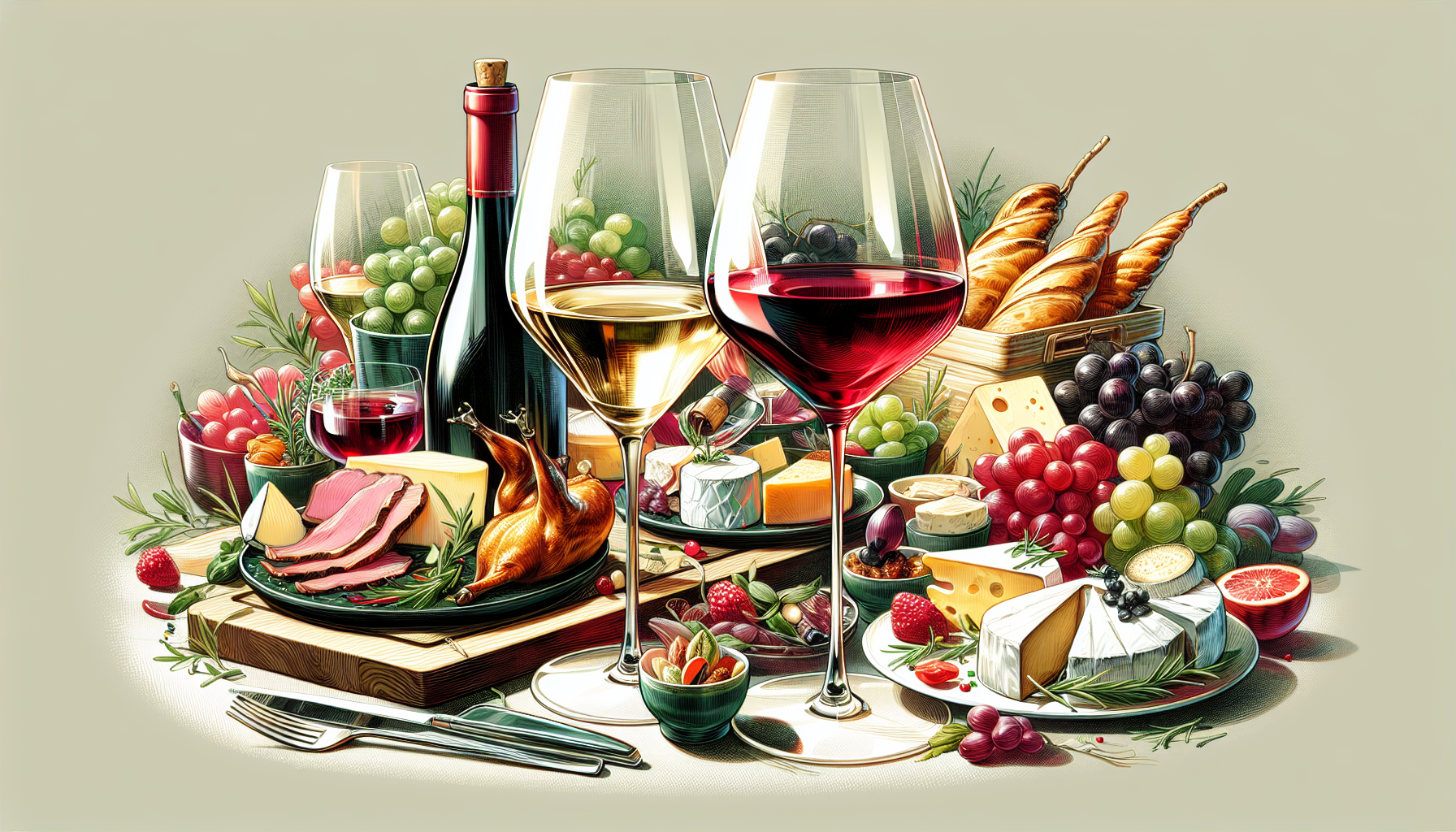 Illustration of a beautifully arranged wine and food pairing