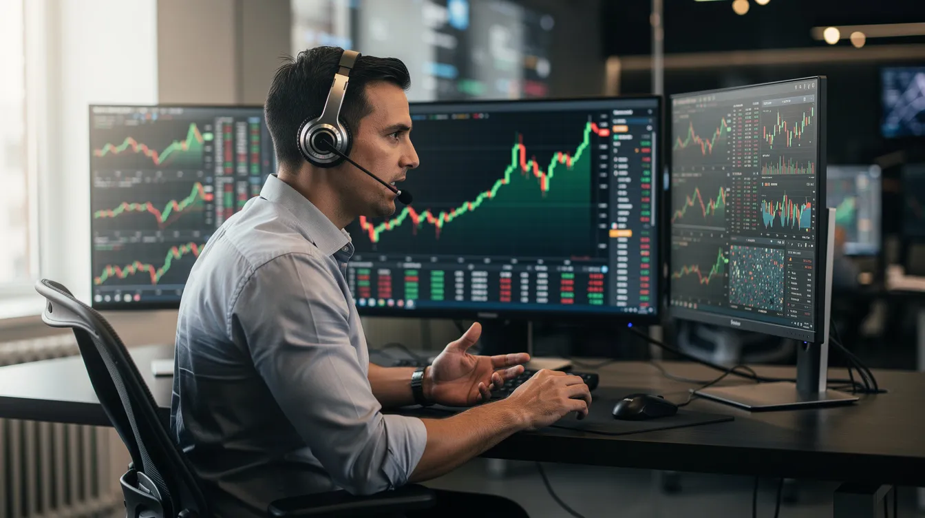 An investor is speaking on a headset while intently reviewing stock market charts displayed on multiple monitors, utilizing comprehensive market timing tools and technical analysis to identify lucrative opportunities. The scene conveys a focused environment where advanced trading strategies and portfolio management are key to achieving long-term financial success.