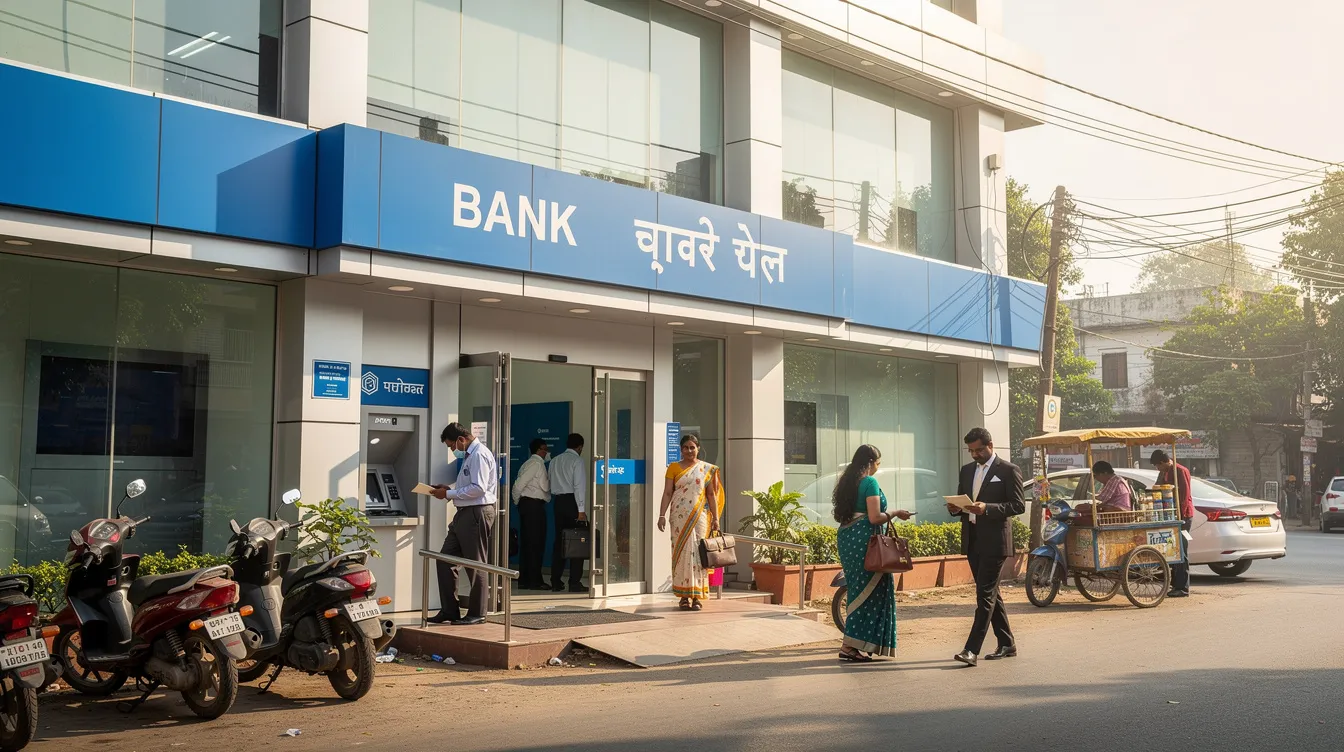 e14318b3 b9b2 4a75 ac31 15770f557062 The image shows the exterior of an Indian bank branch, where customers are walking in to access financial services. This bank, a financial institution, likely offers mudra loans to entrepreneurs and micro enterprises, supporting those who have successfully repaid previous loans.