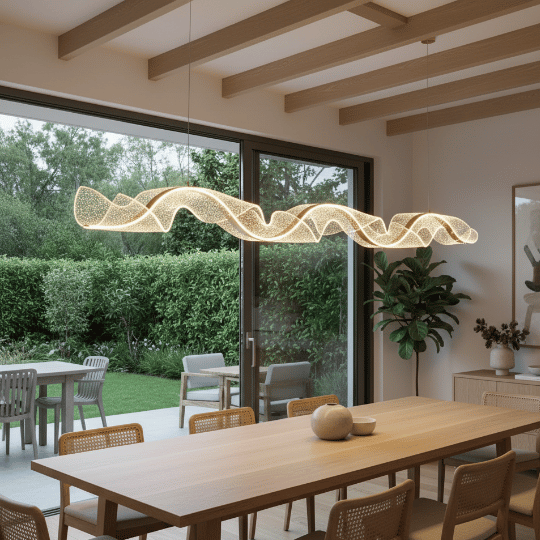 Long sculptural wave pendant light with sparkling LED glow suspended above a dining table, a statement chandelier alternative.